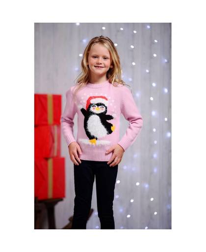 Roze kersttrui voor kinderen dansende pinguin 7/8 jaar (128/134)