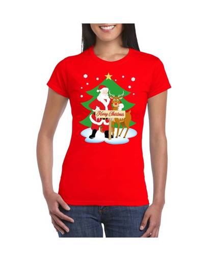 Foute Kerst t-shirt met de kerstman en rendier Rudolf rood voor dames M