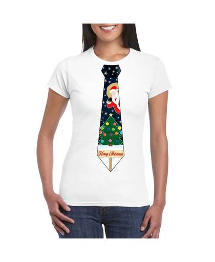 Wit kerst T-shirt voor dames - Kerstman en kerstboom stropdas print L