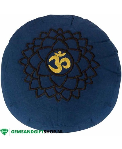 Donker blauw Meditatie- of Yogakussen – met handgeborduurd Chakra teken