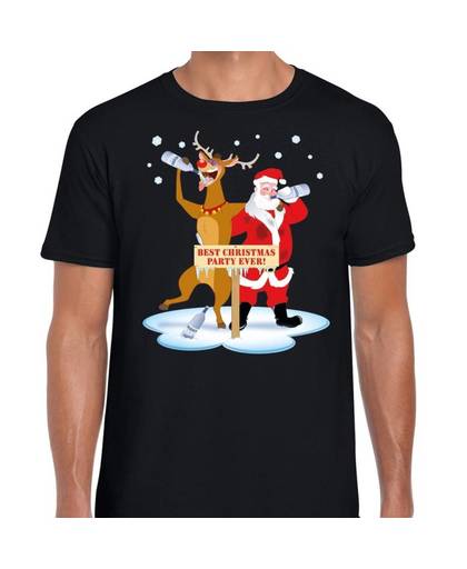 Foute Kerst t-shirt dronken kerstman en rendier Rudolf na kerstborrel/ feest zwart voor heren S