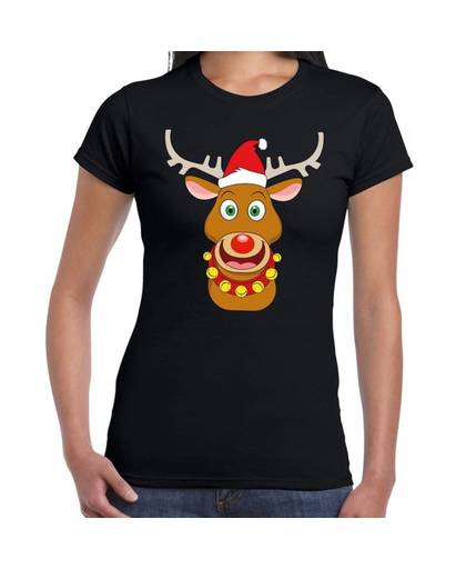Foute Kerst t-shirt met de kerstman en rendier Rudolf zwart voor dames M
