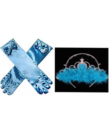 Prinsessen accessoire set - blauwe lange handschoenen,  kroon met veren - verkleedjurk