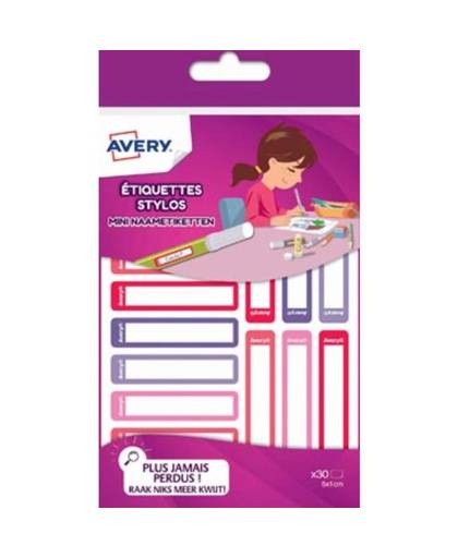 Avery Family mini naametiketten, ft 5 x 1 cm, roze/paars, ophangbare etui met 30 etiketten