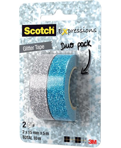 10x Scotch Expressions glitter tape, 15mmx5 m, blister met 2 stuks in geassorteerde kleuren