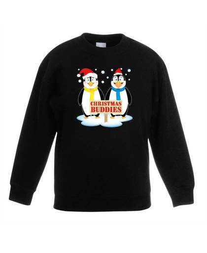 Zwarte kersttrui met 2 pinguin vriendjes voor jongens en meisjes - Kerstruien kind 9-11 jaar (134/146)