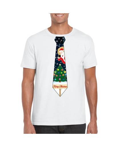 Wit kerst T-shirt voor heren - Kerstman en kerstboom stropdas print XL