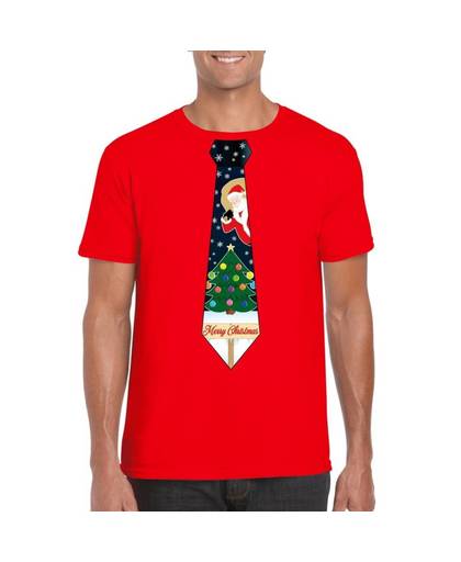 Rood kerst T-shirt voor heren - Kerstman en kerstboom stropdas print L