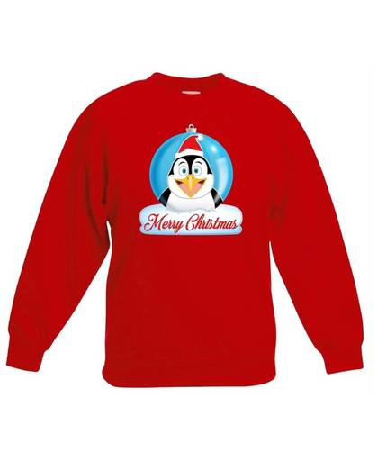 Kersttrui Merry Christmas pinguin kerstbal rood jongens en meisjes - Kerstruien kind 9-11 jaar (134/146)