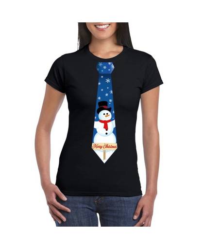 Zwart kerst T-shirt voor dames - Sneeuwpoppen stropdas print M