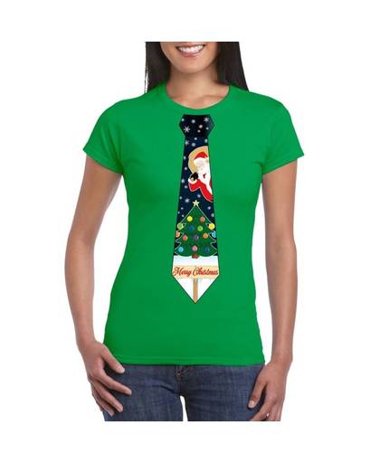 Groen kerst T-shirt voor dames - Kerstman en kerstboom stropdas print XS