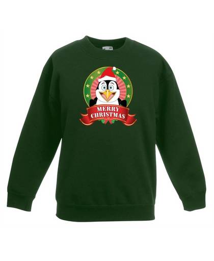 Groene kersttrui met een pinguin jongens en meisjes - Kerstruien kind 7-8 jaar (122/128)