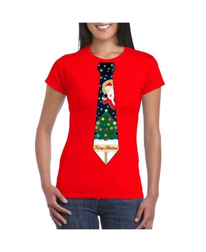 Rood kerst T-shirt voor dames - Kerstman en kerstboom stropdas print XL