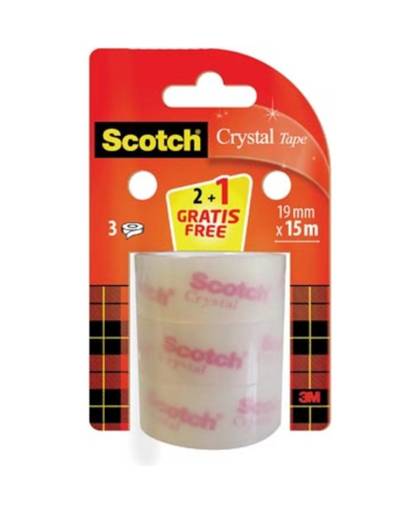 Scotch plakband Crystal Tape, ft 19 mm x 15 m, blister van 2 + 1 stuk gratis