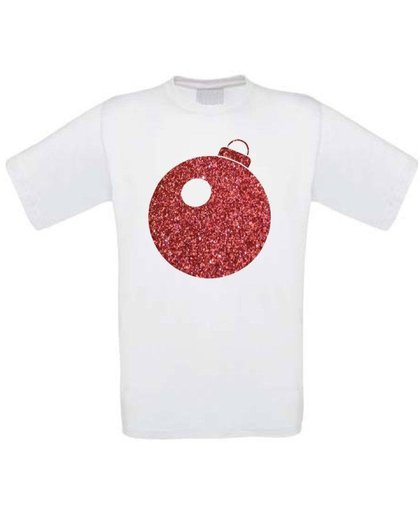 Kerstbal glitter rood T-shirt maat 134/146 wit