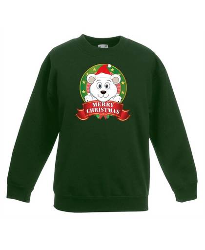 Groene kersttrui met een ijsbeer jongens en meisjes - Kerstruien kind 7-8 jaar (122/128)
