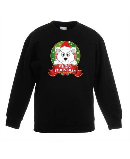 Zwarte kersttrui met een ijsbeer jongens en meisjes - Kerstruien kind 7-8 jaar (122/128)