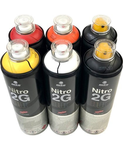 6 stuks pakket MTN 2G Nitro spuitbussen - Rood geel set - 500ml spuitverf - Hoge druk en matte afwerking, extra dekkend - Spuitverf voor binnen en buiten gebruik voor vele doeleinden, zoals klussen, graffiti, hobby en kunst