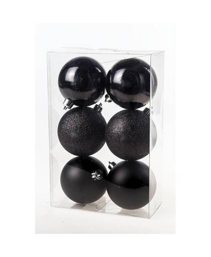 12x Kerstversiering - zwarte kerstballen van kunststof 8 cm
