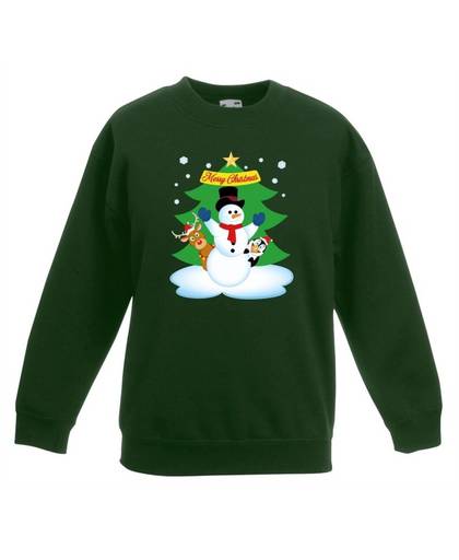 Groene kersttrui met een sneeuwpop en zijn dieren vriendjes voor jongens en meisjes - Kerstruien kind 3-4 jaar (98/104)
