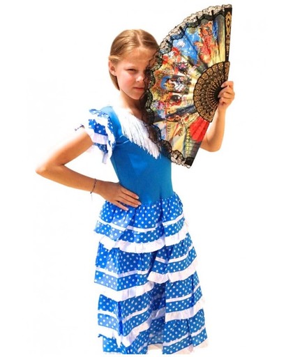 Spaanse jurk - Flamenco - Blauw/Wit - Maat 116/122 (8) - Verkleed jurk