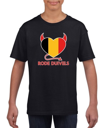 Zwart Belgie rode duivels hart supporter shirt kinderen - Belgisch shirt jongens en meisjes XS (110-116)