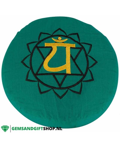 Groen Meditatie- of Yogakussen – met handgeborduurd Chakra teken