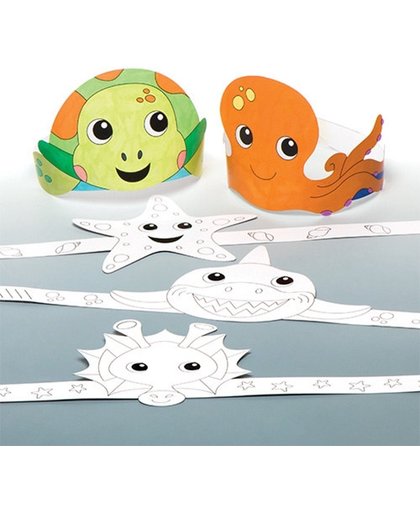 Inkleurbare kroontjes met zeedieren voor kinderen om te maken en versieren - Leuke zomerknutselset voor kinderen (6 stuks per verpakking)