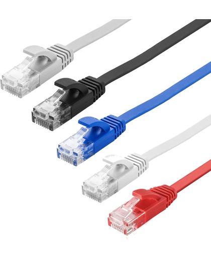 Pack RJ45 CAT6 LAN-kabels extra plat en vlak - UTP - 32AWG -  3 meter - 5 kleuren - met 15 kabelbinders