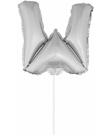 Zilveren opblaas letter W op stokje 41 cm - folie ballon