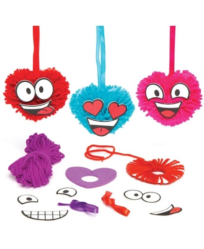 Decoratiesets grappige gezichtjes in hartvorm met pompon die kinderen kunnen maken en versieren. Creatieve valentijnsknutselset voor kinderen (verpakking van 4)