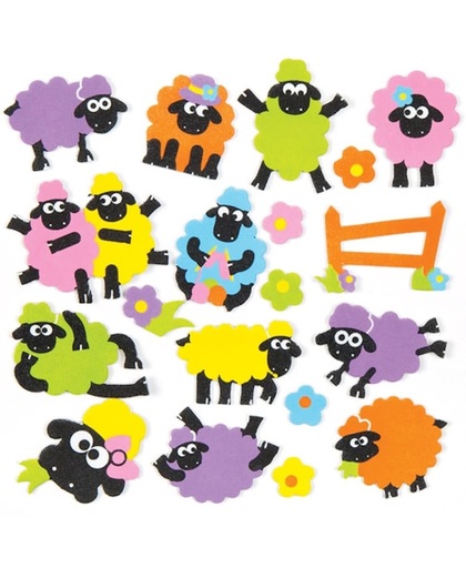 Foamstickers van pluizige schapen die kinderen kunnen gebruiken om knutselwerkjes en kaarten te versieren en te personaliseren. Scrapbooking-accessoires voor kinderen (verpakking van 120)