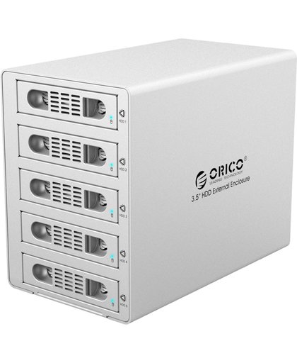 Orico - Aluminium harde schijf behuizing voor 5 x 3.5 inch HDD/SSD schijven - USB 3.0 & eSATA - RAID - Mac Style - 150W - Incl. Voedingsadapter - Zilver