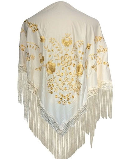 Spaanse manton - omslagdoek - creme wit goud Large bij verkleedkleding of Flamenco jurk