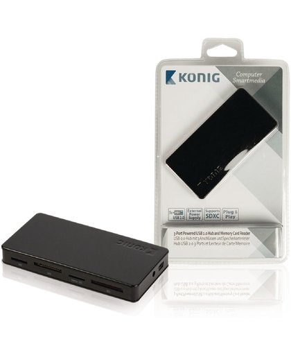 K\xf6nig CSU2CHC200BL 3-poorts powered USB 2.0-hub en geheugenkaartlezer