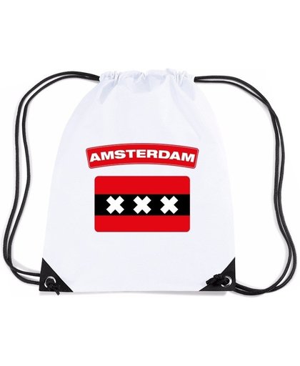Amsterdam nylon rijgkoord rugzak/ sporttas wit met Amsterdamse vlag