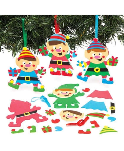 Mix & match decoratiersets met hangende kerstelfjes, die kinderen kunnen maken en ontwerpen voor de kerst. Creatieve knutselset met foam voor kinderen (6 stuks)
