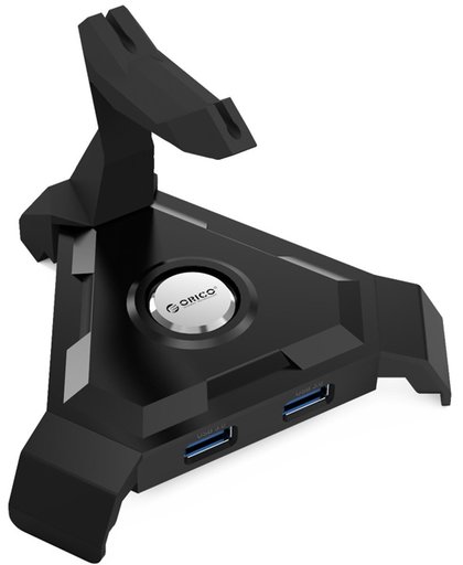 Kabelhouder voor je muis / USB 3.0 Hub - 4x USB3.0 type-A poorten - 1x Smart Charge Laadpoort 2.4A - Kabelmanagement - Voor gamen, georganiseerd bureau etc. - Incl. 12V Stroomadapter - Zwart