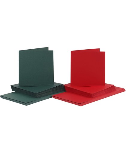 Kaarten en enveloppen, afmeting kaart 15x15 cm, afmeting envelop 16x16 cm, 50 sets, groen, rood