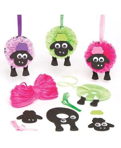 Decoratiesets wollig schaap met pompon die kinderen kunnen maken en versieren. Creatieve lente-/paasknutselset voor kinderen (verpakking van 4)