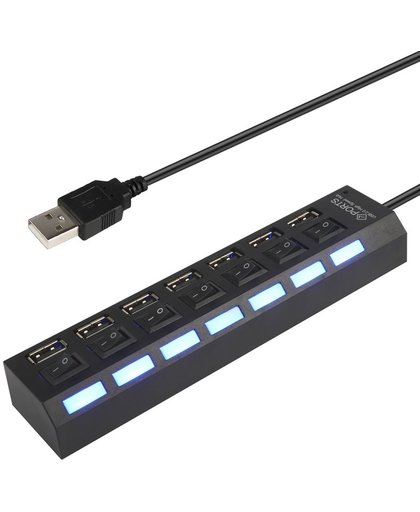 DrPhone - 7 Poort Hub Multi USB 2.0 Hub Splitter Verdeler Switch - Voor Laptop / Apple Mac / Macbook & Windows - Met LED Verlichting - Zwart