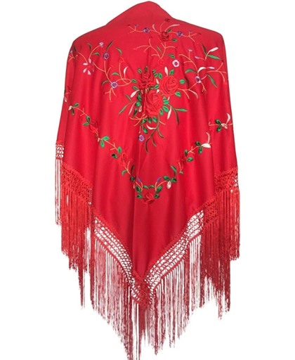 Spaanse manton - omslagdoek - rood met rode rozen bij verkleedkleding of Flamenco jurk
