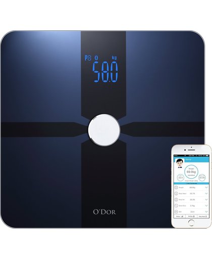 O'dor® Bluetooth Elegante Personenweegschaal met iOS en Android Smart App - Digitale Lichaamsanalyse Weegschaal - Meet Gewicht, Lichaamsvet, Spiermassa, BMI, Botmassa en Vetpercentage - Zwart -Inclusief Batterijen