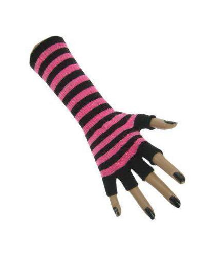 Vingerloze handschoen fluor gestreept pink / zwart lurex