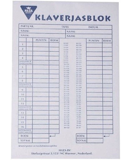 Haza - Klaverjasblok - Scoreblok voor klaverjassen