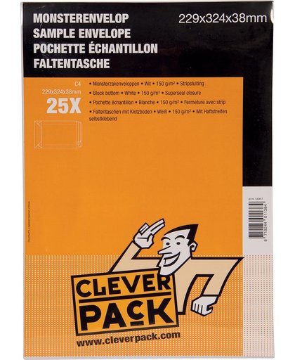 4x Cleverpack monsterenveloppen, 229x324x38mm, met stripsluiting, wit, pak a 25 stuks