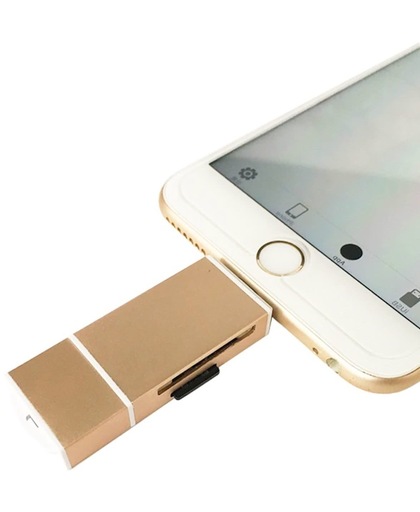 Flashdrive, USB stick, SD kaart lezer, voor o.a. iPhone 5, 5s, 6, 6s, 7, 7 Plus & iPads met lightning poort. USB aansluiting en Micro USB aansluiting voor Samsung telefoons en PC's.