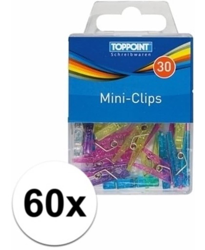 60x gekleurde plastic mini knijpertjes - kleine/ mini knijpers