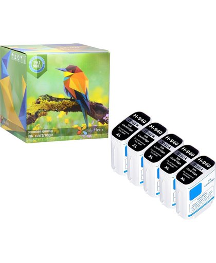 Ink Hero - 5 Zwarten - Inktcartridge / Alternatief voor de HP Officejet Pro 940, 940XL, C2N93AE, C4902AE, C4906AE, C4907AE, C4908AE, C4909AE, 8000, 8500A, 8500, (A809 A909a A909g A909n)