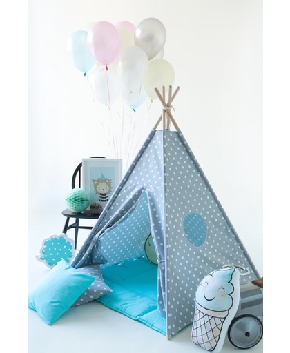 Tipi Tent - Speeltent - Tent -Wigwam - Grijs met witte Sterren - Inclusief Blauwe Speelmat & Kussensloop